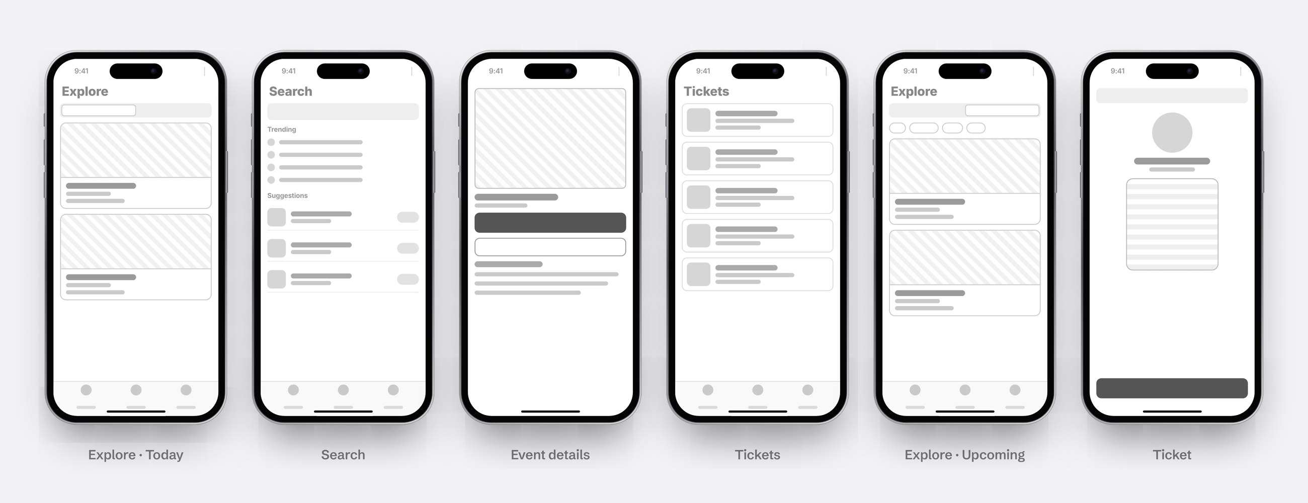 Low-fidelity wireframes of six screens
