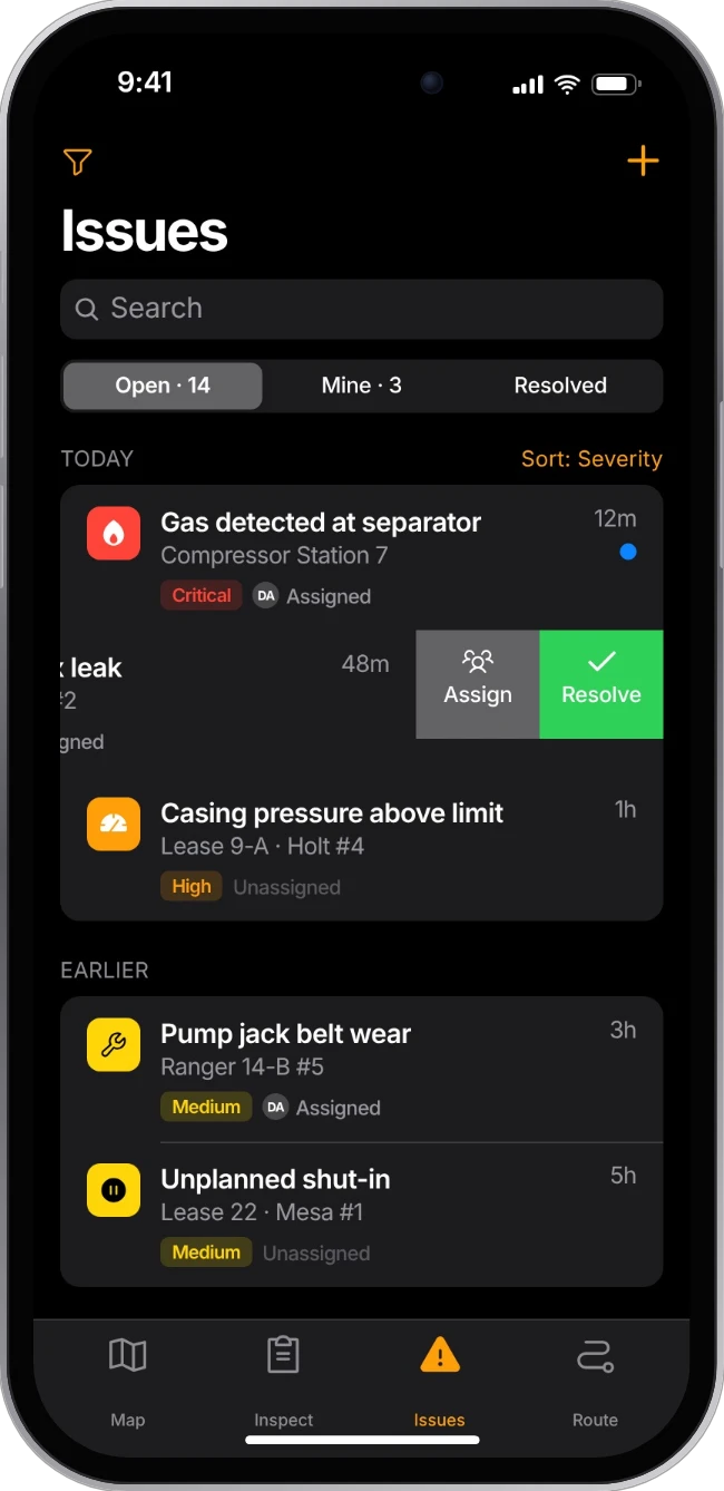 Example issues list sorted by severity, with one row swiped to assign or resolve
