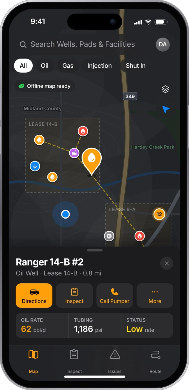 Example iOS map of wells and facilities with a well summary sheet