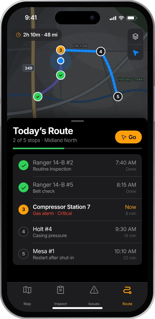 Example daily route with ordered stops on a map and a checklist of wells